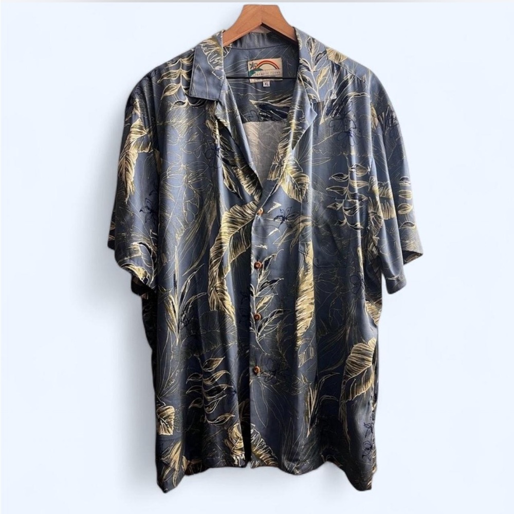 Paradise Found Hawaiian Shirt blue Green Floral Leaf Button Up lightweight XL